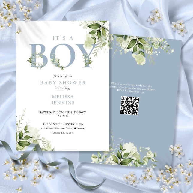 Den A Boy Dusty Blue Greenery QR Code Baby Shower Inbjudningar (Its A Boy Dusty Blue Greenery QR Code Baby Shower Invitation)