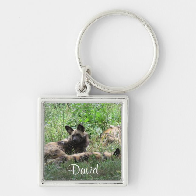 Den afrikanska vilden förföljer Keychain Fyrkantig Silverfärgad Nyckelring (Framsidan)