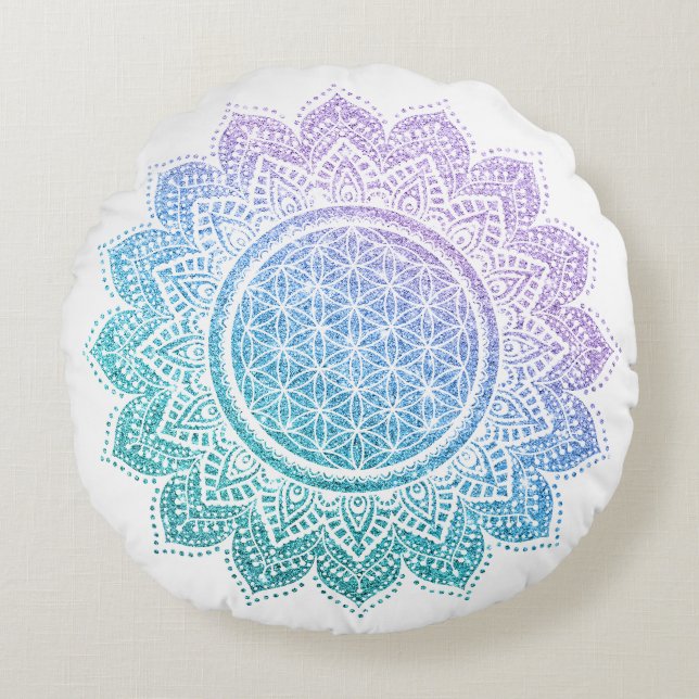 Den akuta blomman av meditationen Mandala glitter Rund Kudde (Framsidan)