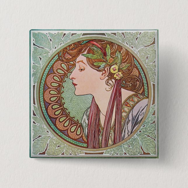 Den Alphonse Mucha lagrarart nouveau kvadrerar Knapp (Framsida)