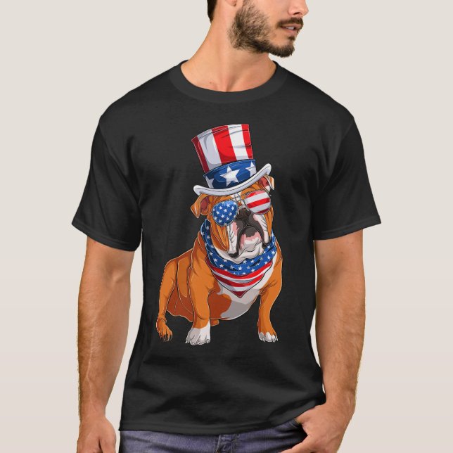 Den amerikanska Flagga Bulldog 4:e juli T Shirt (Framsida)