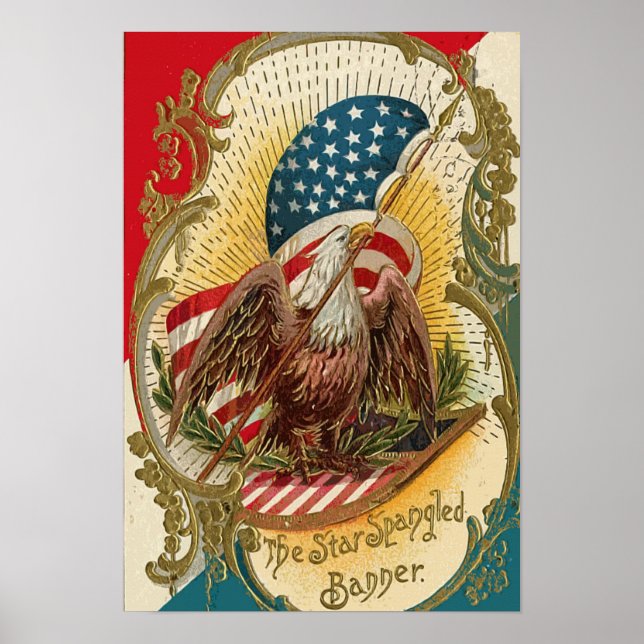 Den amerikanska Flagga Star Spangly Banner Eagle Poster (Framsidan)