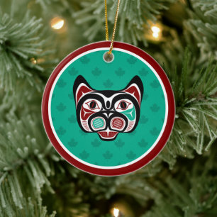 Den amerikanska Röda svarta Grönten Haida Art Katt Julgransprydnad Keramik