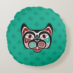 Den amerikanska Röda svarta Grönten Haida Art Katt Rund Kudde