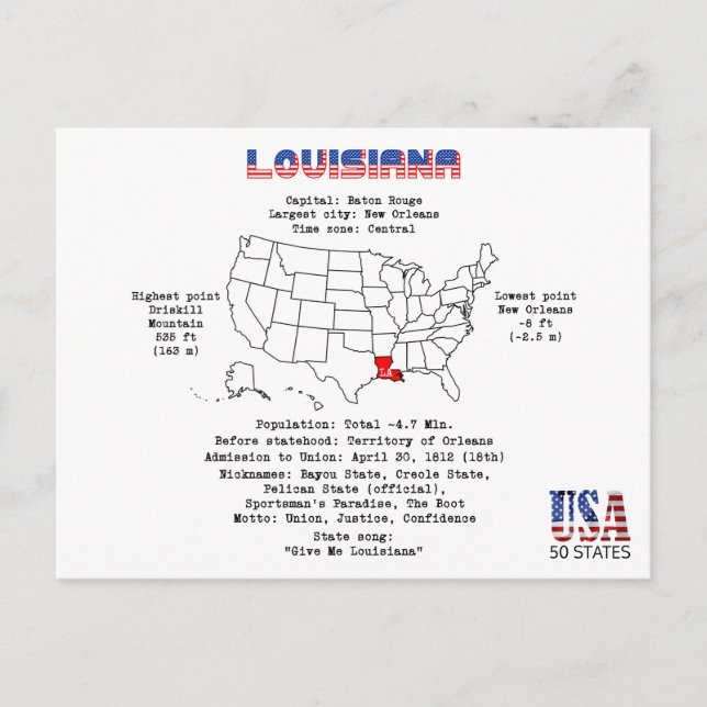 Den amerikanska staten Louisiana på karta och anvä Helg Vykort (Framsida)