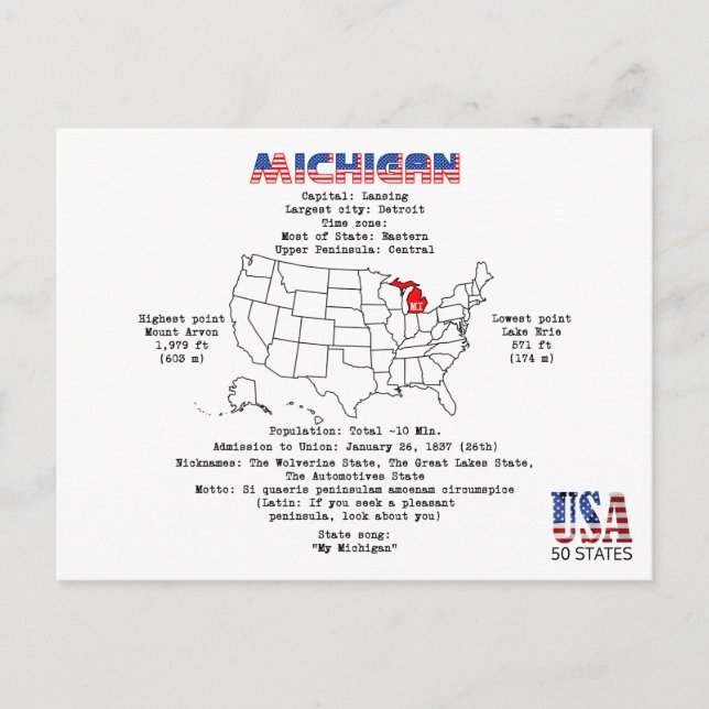 Den amerikanska staten Michigan på karta och använ Helg Vykort (Framsida)