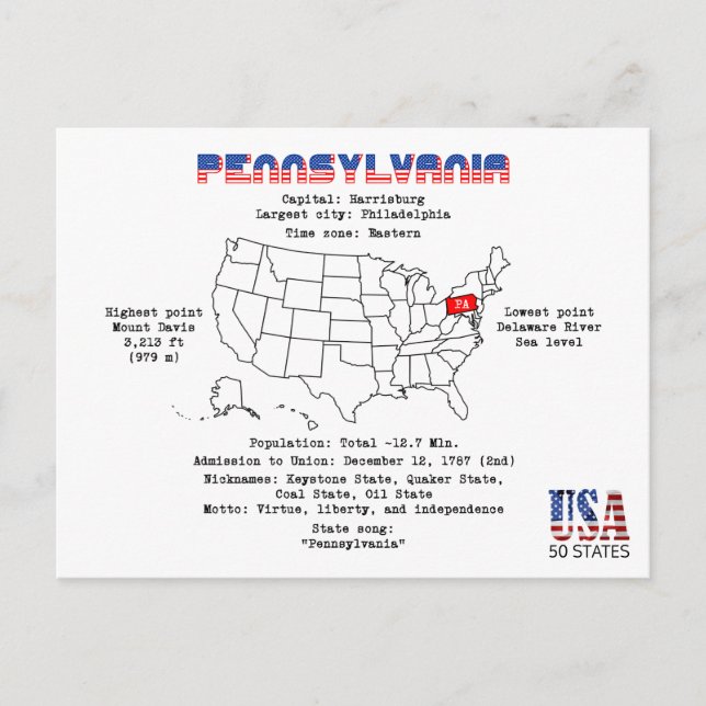 Den amerikanska staten Pennsylvania på karta och n Helg Vykort (Framsida)