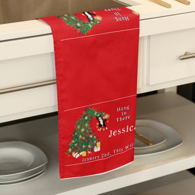 Den andra januari - allt detta kommer att vara öve kökshandduk (Cute Funny Red "hang In there" Cat in Christmas Tree Apron Custom Christmas Tree Sarcastic Tea Towel)