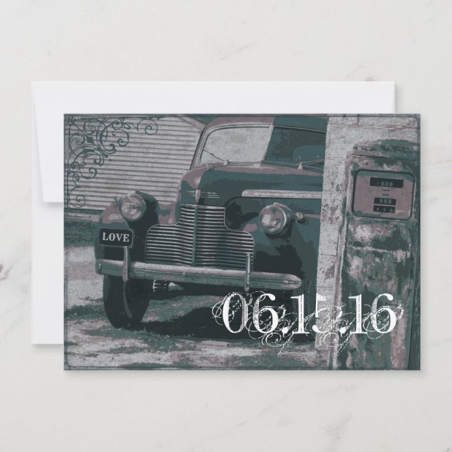 Den antika bilen gasar pumpar vintage inbjudningar (Framsida)