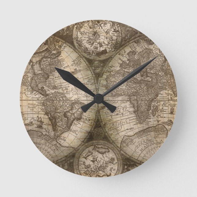 Den antika historiska världsatlas Karta-kontinente Rund Klocka (Framsida)