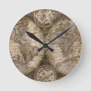 Den antika historiska världsatlas Karta-kontinente Rund Klocka