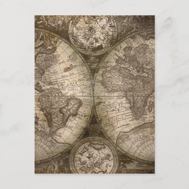 Den antika historiska världsatlas Karta-kontinente Vykort (Framsida)