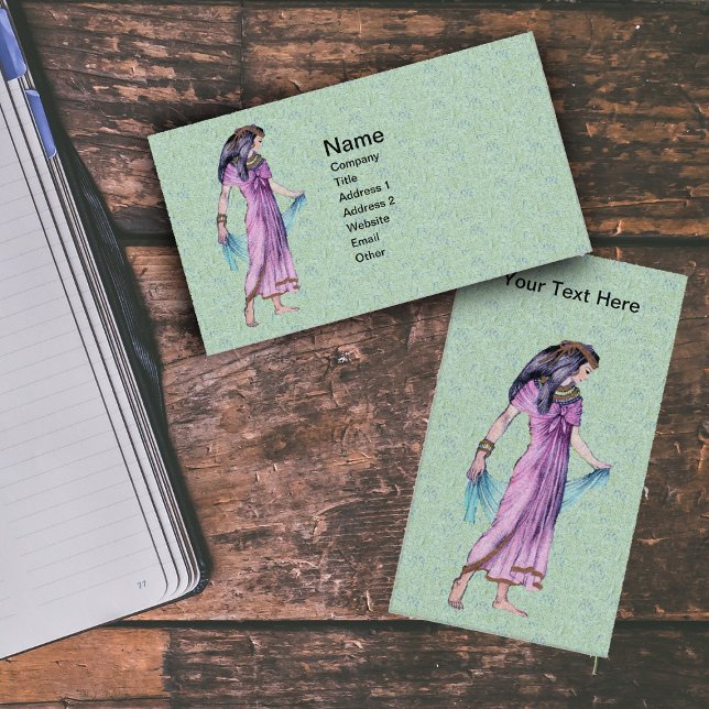 Den antika Söt egyptiska Dam Princess i Lila Visitkort (Ancient Egyptian woman pink dress blue scarf on green with blue business cards.)