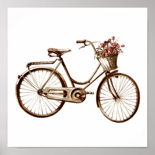 Den antika vintagecykelbasketen blommar rotrycket poster