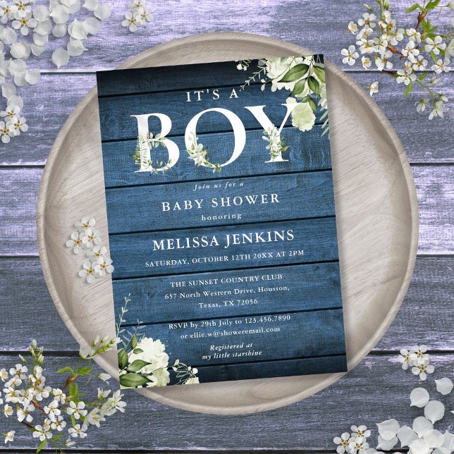 Den är en Boy Greenery Blue Rustic Wood Baby Showe Inbjudningar (Its A Boy Greenery Blue Rustic Wood Baby Shower Invitation)