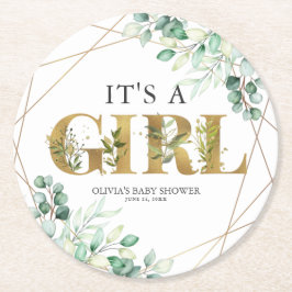 Den är en flicka Greenery Eucalyptus Guld Baby Sho Underlägg Papper Rund