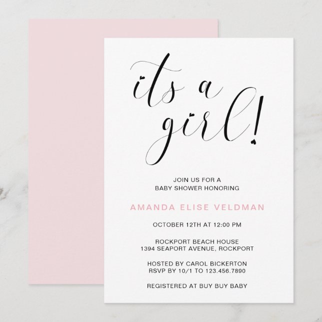 Den är en flicka Rosa Heart Typography Baby Shower Inbjudningar (Fram/baksida)