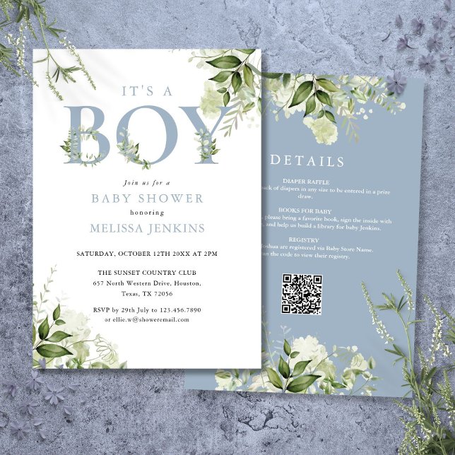 Den är en pojke blå grey, allt i en babydusch inbjudningar (Its A Boy Blue Greenery All In One Baby Shower Invitation)