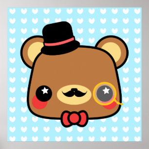 Den ärade Tecknaden Kawaii Bear Mustache Poster