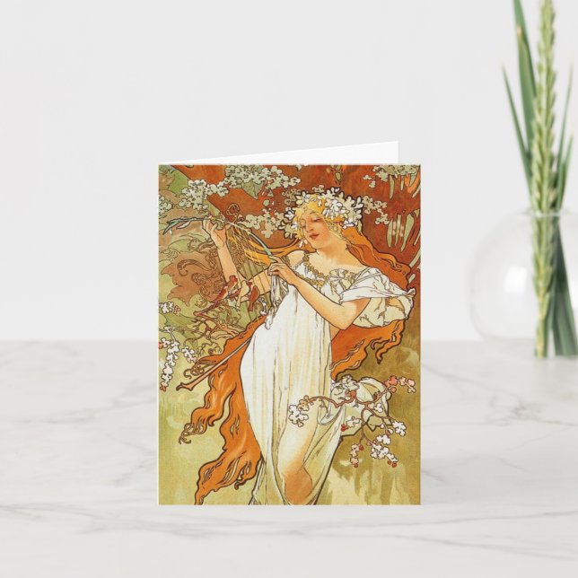 Den art nouveauAlphonse Mucha våren noterar kortet Kort (Framsida)