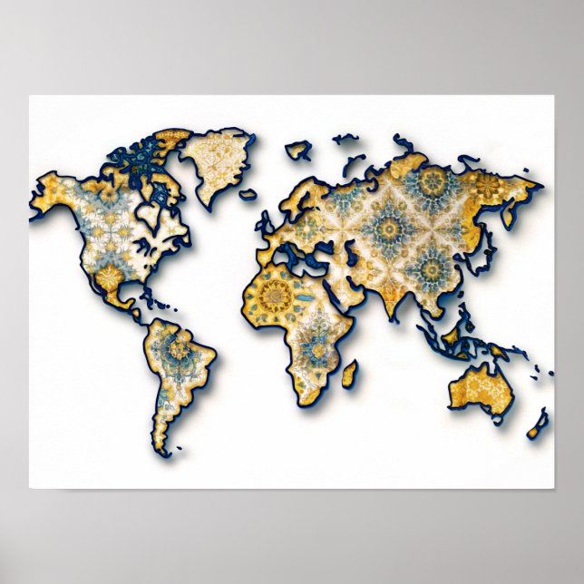 Den asiatiska Bateek Wall Art World Map Poster (Framsidan)