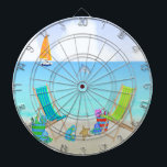 Den avslappnande strandpilen stiger ombord darttavla<br><div class="desc">Den avslappnande strandpilen stiger ombord särdrag en strandbakgrund med hav, sanden, segelbåt, och delfinen, två färgrika strandstolar med stranden hänger lös, strandhattar, flinflip flopssjöstjärna. Bullseye! Låt lekarna börja! Varje pil stiger ombord kommer med sex mässing tippade pilar. En uppsättning av tre amerikanska flagganflygpilar och en uppsättning av det brittiska flyg...</div>