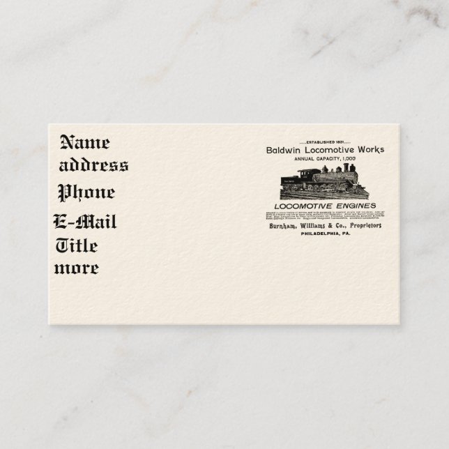 Den Baldwin lokomotivet fungerar 1895 visitkortar Visitkort (Framsida)