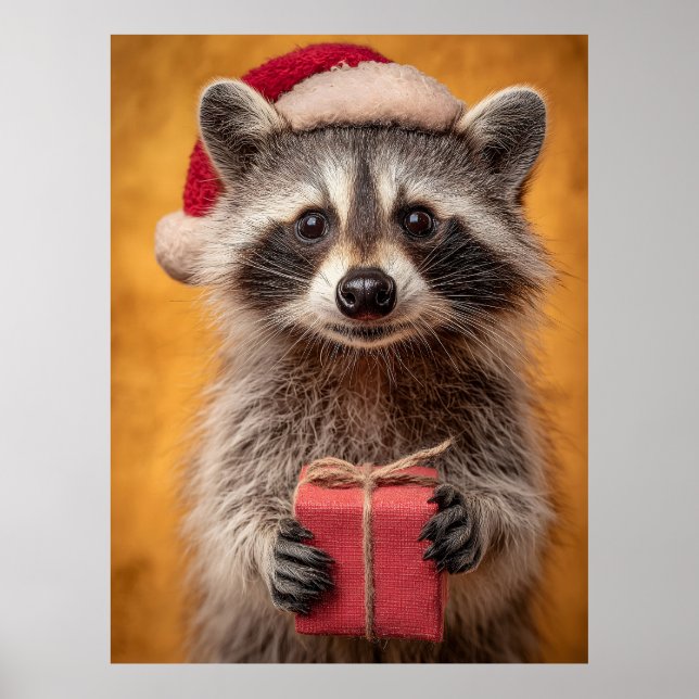 Den berömda Raccoon i Santa Hat Holding en present Poster (Framsidan)