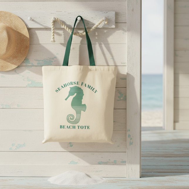 Den beställnings- totot för strand för tygkasse (Feel the sand under your toes! Add your name to this seahorse tote bag)