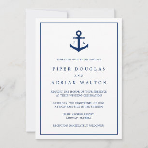 Den blå ankaren Monogram Nautical Bröllop Inbjudningar