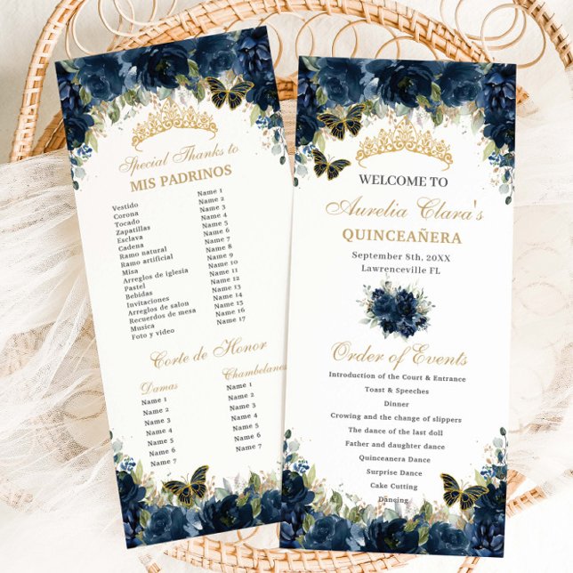Den blå Blommigten Guld Quinceañera-ordningen för  Program (navy-blue-floral-gold-butterflies-quinceanera-sweet-16-birthday-slim-program-order-events-padrinos)