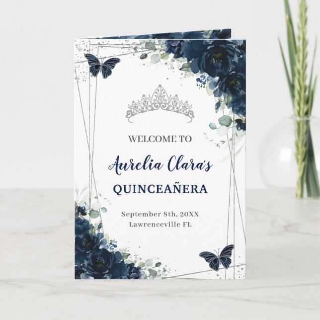 Den blå Blommigten Silver Quinceañera-ordningen fö Program (Framsida)