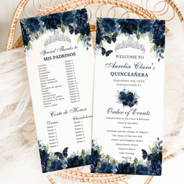 Den blå Blommigten Silver Quinceañera-ordningen fö Program (navy-blue-floral-silver-butterflies-quinceanera-sweet-16-birthday-slim-program-order-events-cards)