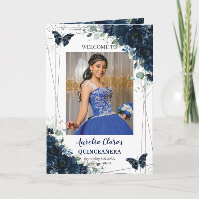 Den blå Blommigten Silver Quinceañera-ordningen fö Program (Framsida)