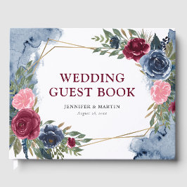 Den blå burgundy-Guld-geometriska Blommigten Bröll Gästböcker