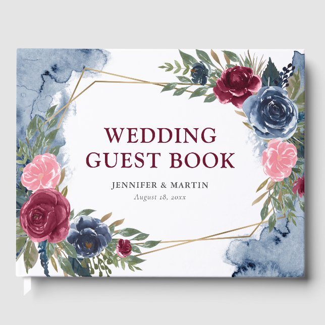 Den blå burgundy-Guld-geometriska Blommigten Bröll Gästböcker (Framsida)