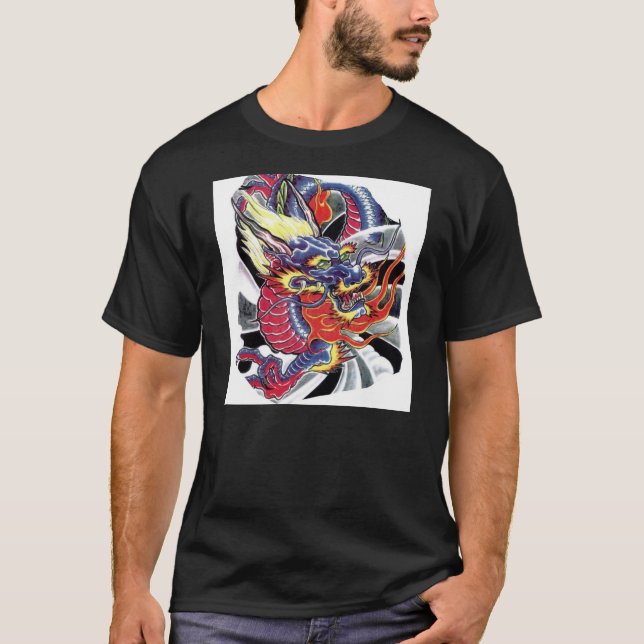 Den blå draken-japanska tattodesignen t shirt (Framsida)