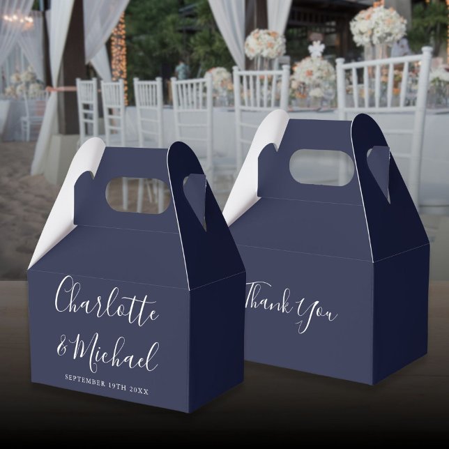 Den blå Eleganten Namnteckning skript Bröllop Presentaskar (Navy Blue Elegant Signature Script Wedding Favor Boxes)