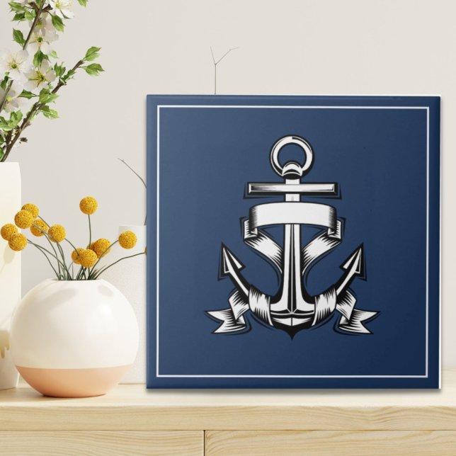 Den blå Frakten Anchor för marinbåtsflottan Kakelplatta (Nautical Ocean Beach House Navy Blue Ship Anchor Ceramic Tile)