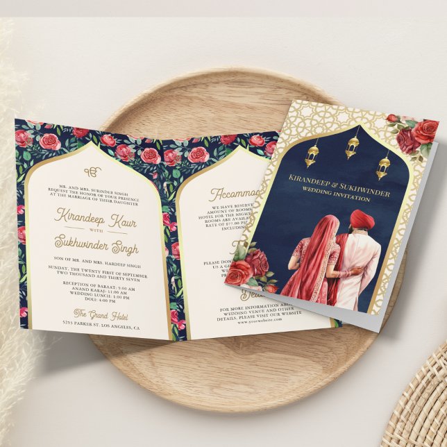Den blå Guld-röda Blommigten i ena Sikh Bröllop Inbjudan (Skapare uppladdad)