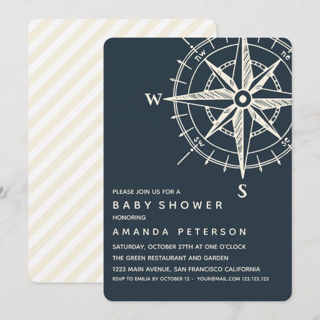 Den blå kompass | Nautical Baby Shower Inbjudningar (Fram/baksida)