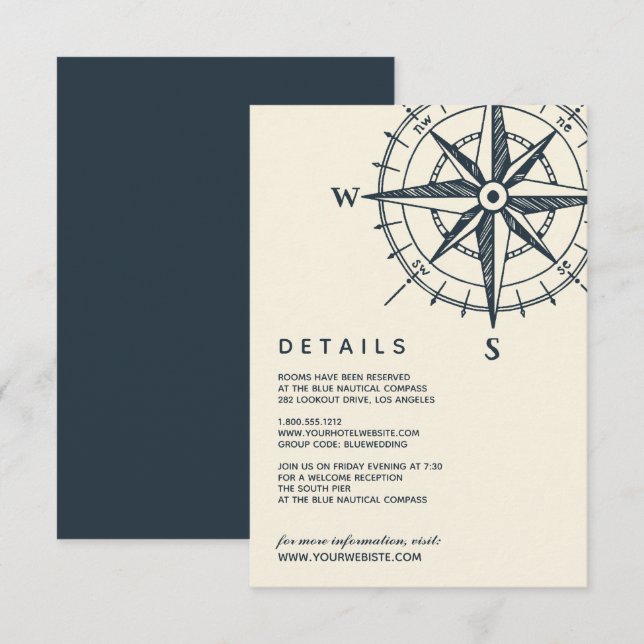 Den blå kompass | Uppgifter om Bröllop gäst Inbjudningar (Fram/baksida)