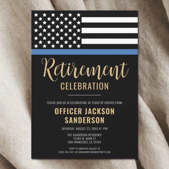 Den blå linjen Pension Party i Tillsatta lagar Inbjudningar (Law Enforcement Blue Line Police Retirement Party Invitation)