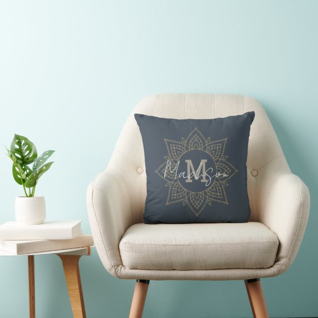 Den blå Mörken Grått Guld Mandala Namn Monogram Kudde (Stol)