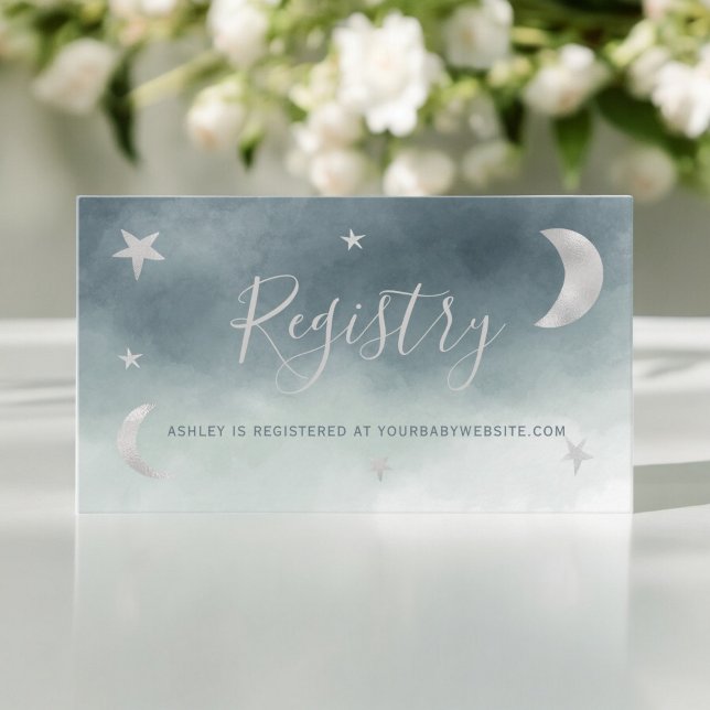 Den blå registerduschen för barn i silver-måne-stj tilläggskort (Cute silver moon stars blue registry baby shower enclosure card)