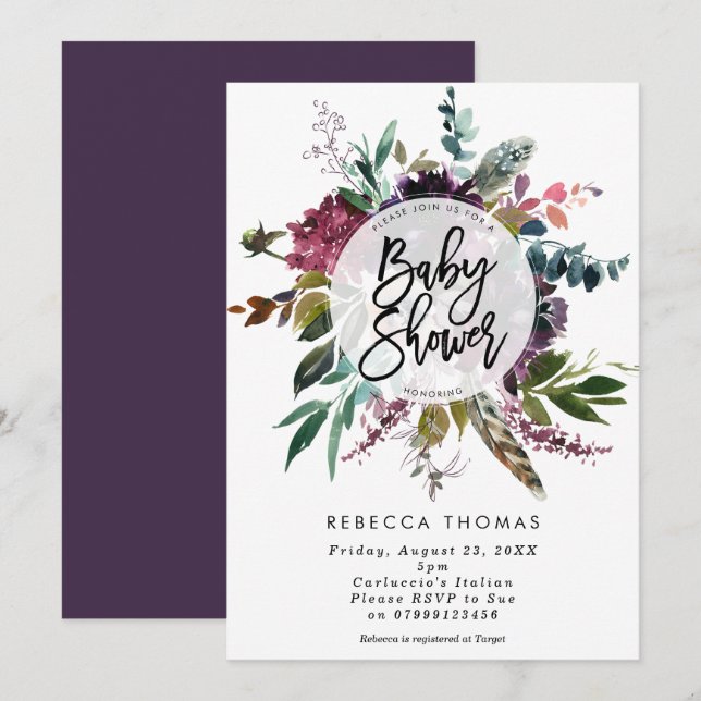 den blom- bohoen befjädrar baby showerinbjudan inbjudningar (Fram/baksida)