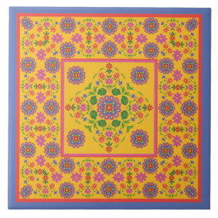 Den blom- Rangoli mönstergränsen, gult keramiskt Kakelplatta