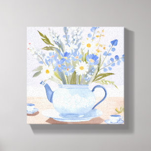 Den blommande kannan Blå akvarell te-målning Canvastryck