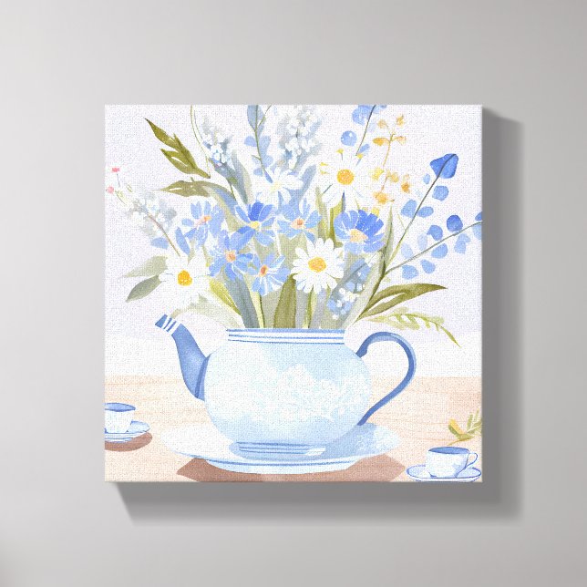 Den blommande kannan | Blå akvarell te-målning Canvastryck (Framsida)