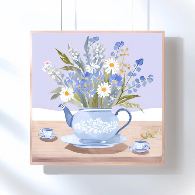 Den blommande kannan | Blå akvarell te-målning Poster (Skapare uppladdad)